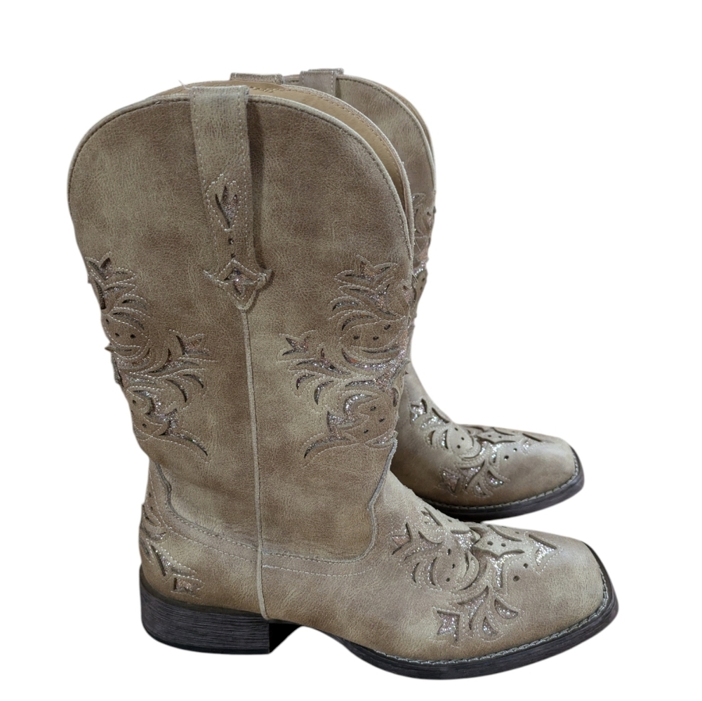 Roper Kennedy Western Cowboy Boots Tan Glitter Tooled Inlay Square Toe Size 9.5 - Picture 2 of 11